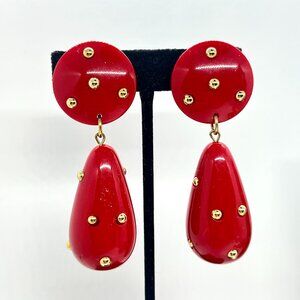 Vintage 80s D’alessio Clip On Earrings Red Studded Plastic Statement Deadstock
